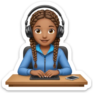 brown skinned female with braids sitting at a desk with headphones on sticker
