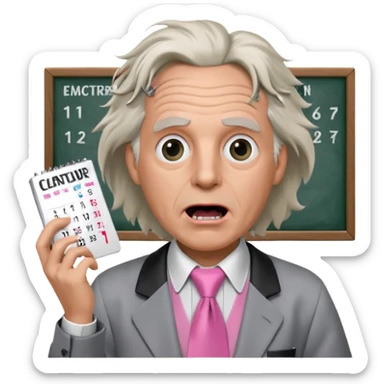 Doc Brown, in Back to the Future, with his hair all over the place and his mouth wide open. No glasses. Wearing a silver dress with black trim, a pink collared shirt and a white tie, holding a calendar.  sticker