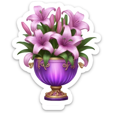A luxurious bouquet of violet lilies in an ornate Pink crystal vase, placed on an antique wooden table with soft candlelight reflecting off its petals. sticker