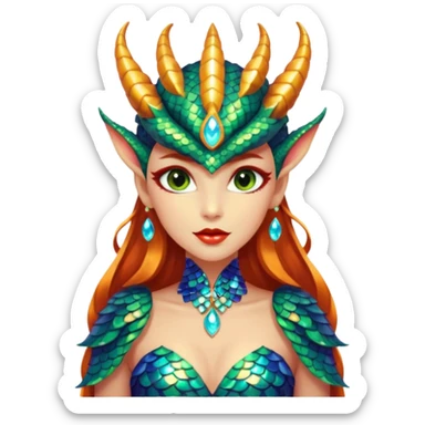 A gorgeous dragon woman with glittering jeweled scales covering her body and face. She has large almond shaped eyes, lush lips, and she wears a stunning luminescent gown. sticker