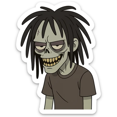 spooky cartoon emo boy zombie, medium-long black freeform dreads, shaggy, with a sinister, creepy face sticker