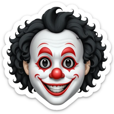 generate white clown mask emoji with a big curly black hair 

wide black coloured smile, no red nose but instead long and pointy white nose with no nostrils, pitch black eyes with no pupils, no brows sticker