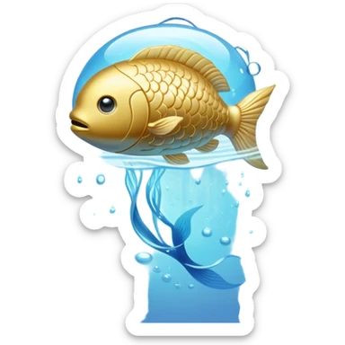 Shimmering golden capsule floating in flowing soft blue liquid currents, with an ethereal translucent fish circling around a glowing brain suspended in the fluid. Gentle waves of light pulsing outward from the brain, creating an aura of serenity, enhanced focus and mental clarity. sticker