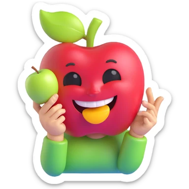 cheerful face holding a bitten apple, glossy and colorful, playful expression sticker