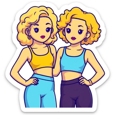 Full body of two teenage girls standing together, one white with straight blonde hair and one brown-skinned with curly dark hair, both with heavy makeup, big lips, crop tops, gold jewelry and flashy choni style outfits sticker