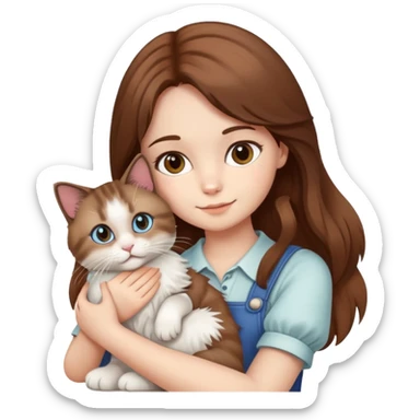 brown-haired girl holding a ragdoll cat sticker