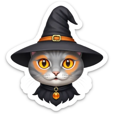 Grey cat with orange eyes with witch hat sticker