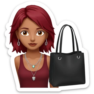 a pretty tan indian bratz girl with messy dark red hair, wearing a dark red tank top, layered silver necklaces. Carrying a black tote bag sticker