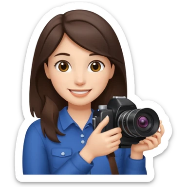 A brunette girl smiling, she’s a proud and successful filmmaker 🍿🌍✨ Holding a camera or behind / next to a camera, / holding awards  sticker