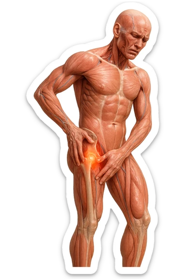 CORPO UMANO ANATOMICO A FIGURA INTERA REALISTICO CHE SI TOCCA L'ANCA INFIAMMATA, DOLORE ALL'ANCA, IPERREALISTICO 4K sticker