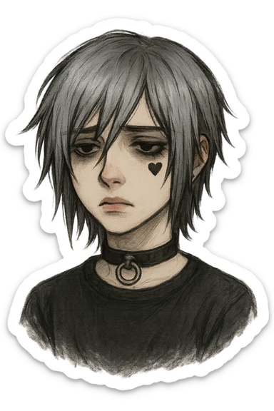 emo face, silver hair, heart under eye, melancholic sticker