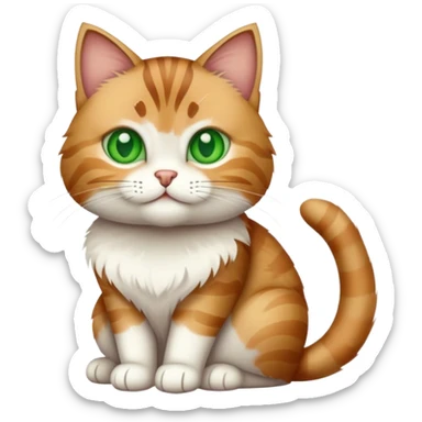 A tabby cat with green eyes sitting and showing its white stomach sticker