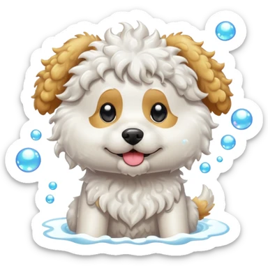 white curly dog with soap bubbles sticker