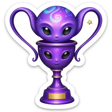 An alien trophy with cosmic colors, deep purples and blues, galaxy swirls, and tiny stars embedded in the design sticker