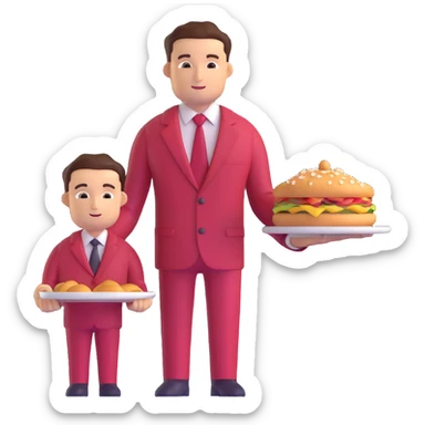 A businessman in a crimson suit with a waiter sticker