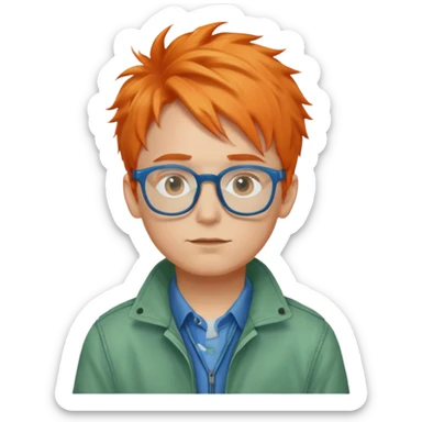 Norman Price (a boy with orange messy hair, blue glasses and a pale blue jacket over a green shirt) sticker