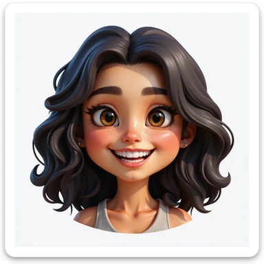 realistic emoji of a woman, dark curly shoulder-length hair, big smile showing teeth, almond-shaped eyes, freckles, radiant skin, calm and approachable sticker