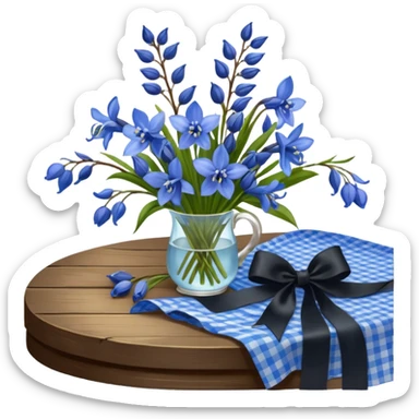 A lush bouquet of bright blue color bluebell black satin ribbon, resting on an antique wooden table, with a pale yellow and pink plaid pattern table cloth sticker