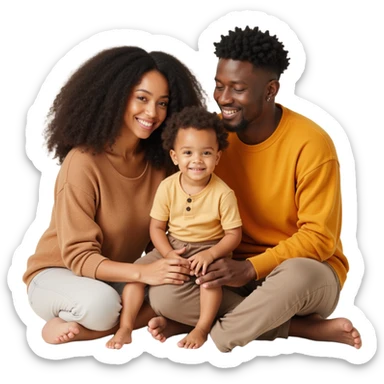 closeup front angle shot of a diverse family with two adults and a child, detailed lifelike textures, soft background, skeuomorphism style sticker
