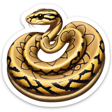 A photo-realistic top-down view of a Ball Python gently coiled into a tight spiral, with its head resting peacefully at the center. The pattern flows smoothly around the curves of its body, emphasizing its natural camouflage and calm demeanor. sticker