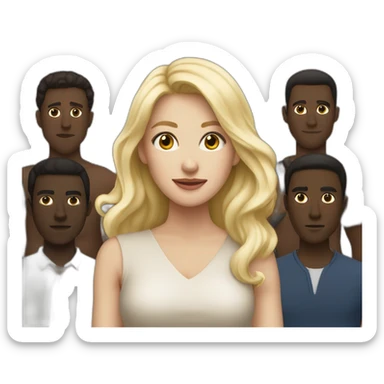 six dark-skinned men stand behind a pale blonde woman sticker