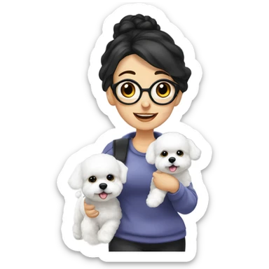 A cute and happy bichon frise with a hair in a bun black hair woman at the airport  sticker