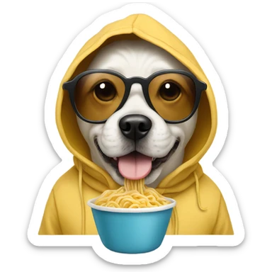dog wearing hoodie eating noodles and wearing sunglasses  sticker