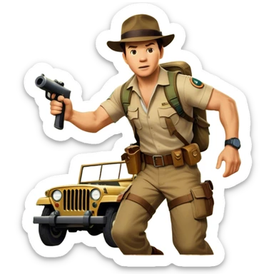 A vintage movie poster-style collage. Include action-packed elements like a treasure map, jungle scenes, a rugged explorer with a compass and a speeding jeep. Add a shadowy figure resembling close-up Mark Wahlberg in adventurous gear. Dramatic lighting, dynamic composition. Transparent background. sticker