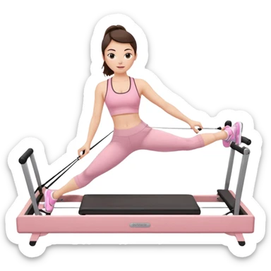 white brunette girl in light pink workout clothes doing pilates on a reformer sticker