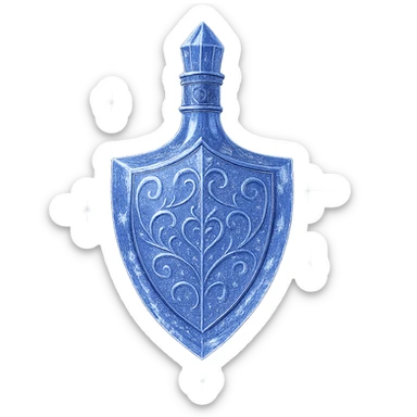 išskirtinai prabangus eliksyro buteliukas, skydo forma, spalva #7986cb, daugiasluoksniai holografiniai ir sidabriniai ornamentai, kristalo tekstūra, daug magiškų švytėjimų ir žėrėjimo, šviesos spinduliai, labai mažas kaklelis, dailus vientisas dugnas, skaidrus fonas, buteliukas aiškiai plūduriuoja ore, be pagrindo ar šešėlio, nestovi, modernus, kolekcijai tinkamas, ypatingai gražus sticker