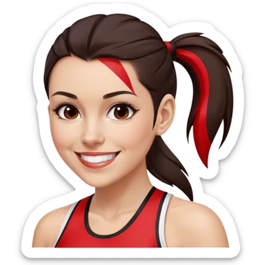 Melanie chisholm with a dark brown high ponytail with a red streak through it, wearing athletic attire and smiling sticker