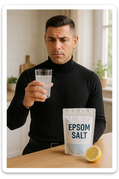 A realistic, bright photo-style image of a young man in his 30s standing in his kitchen, holding a clear glass filled with water in which Epsom salt (magnesium sulfate) has been dissolved. He looks focused but slightly uncertain as he prepares to drink it for a liver flush or digestive cleanse. The glass shows slight cloudiness from the dissolved salt. On the counter are a packet labeled 'Epsom Salt' and a sliced lemon, suggesting he might use it to mask the taste. The setting is clean, natural, and bright with neutral tones. The background shows sunlight streaming through a window, emphasizing a clean, minimalist health-focused environment. The mood conveys a realistic, calm moment of self-care with a hint of discomfort, illustrating a natural detox practice sticker