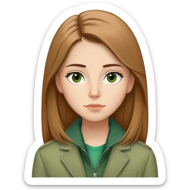 Caucasian girl with elongated face, soft jawline, long straight light brown hair with middle part, almond-shaped brown eyes with black eyeliner, thoughtful expression with slight smile, wearing green jacket sticker