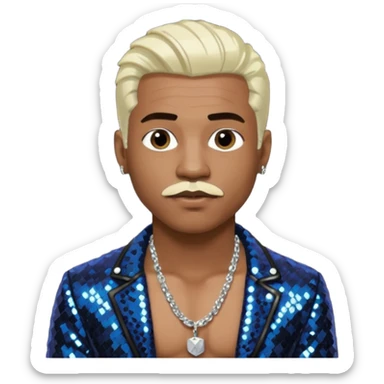 Sisqó with platinum blonde hair, black sequin jacket, shirtless with necklace, dark skin, dark brown thin mustache sticker