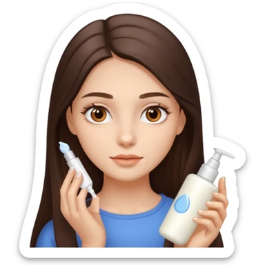 brunette girl with beautiful brown eyes and long hair, applying cream sticker