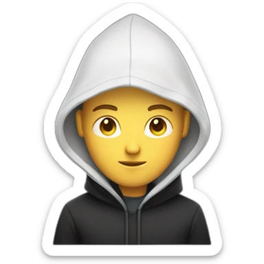 a serious-looking white man wearing a black hoodie behind a laptop sticker
