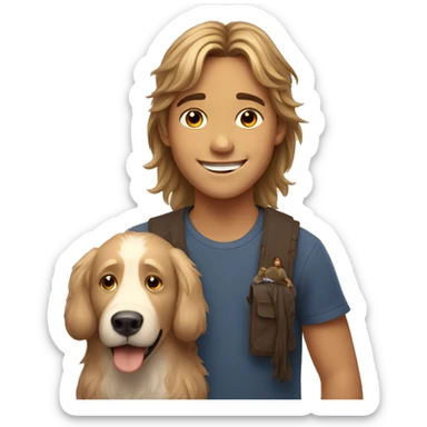 smiling boy with bears and long hair with dog indoors sticker