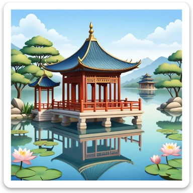 Traditional Chinese pavilion near a peaceful lake sticker