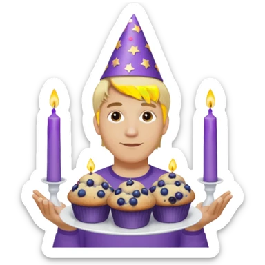 Man with blonde hair wearing purple shirt and a party hat holding several blueberry muffins either candles in them  sticker