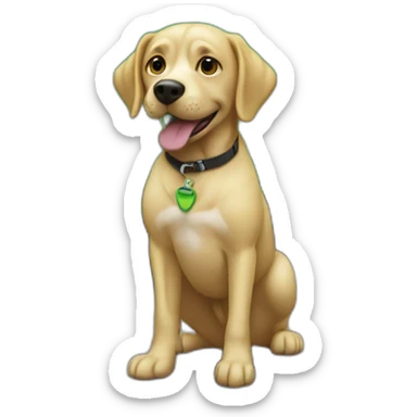 dog peeing in front of a green car sticker