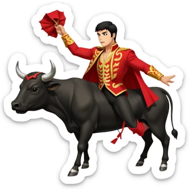 Create a realistic image of a traditional bullfighting scene in a Spanish arena.
Show a bullfighter (matador) HOLDING a red cape (muleta) not wearing one. as a powerful black bull charges toward it. sticker