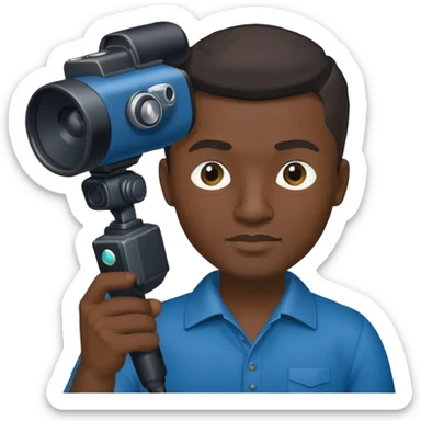 mafia holding a microphone and a camera in his hands. in a dark azure T-shirt sticker