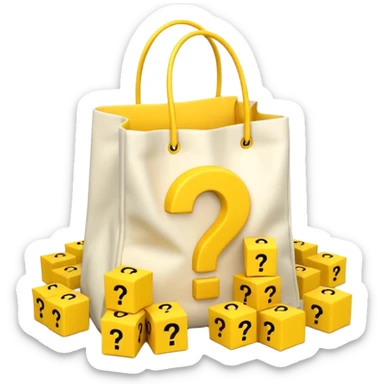 White bag with yellow questions mark boxes stuffed in it sticker