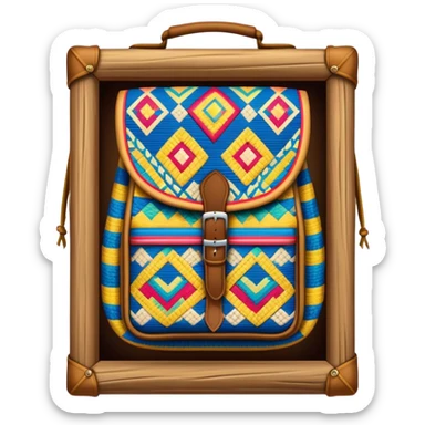 Cinematic Realistic image of a traditional Colombian mochila, rendered with detailed woven textures and vibrant patterns, set against a rustic backdrop with soft, cultural lighting sticker