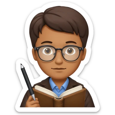 man hold a pen in hand write in book , wearing glasses sticker