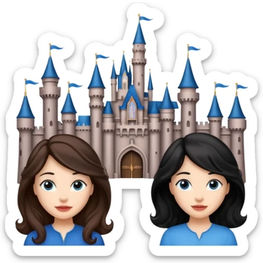 Quiero que crees una imagen donde este el castillo de Disney y por detrás o delante pon a 4 chicas: una con el pelo largo rizado marrón , otra con el pelo muy corto negro, como un chico, otra con el pelo mediano liso marrón con ojos azulesy otra con el pelo negro largo liso . Todos son color carne.  sticker