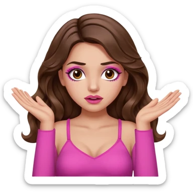 girl with long wavy brown hair, brown eyes, long lashes makeup, sexy pink lips, light to medium complexion, pink sexy top, two hands up, shrugging, confused sticker