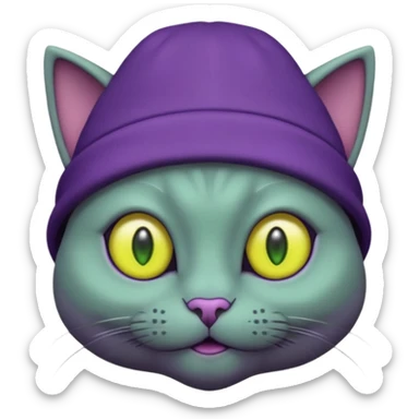 dark purple alien cat with no fur and yellow hat and big green eyes sticker