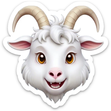 Cinematic Comical White Goat Portrait Emoji, Head tilted dramatically with an exaggeratedly amused expression, featuring a sleek white fur with a prominently quirky set of curved horns, wide, expressive eyes filled with playful disbelief, Simplified yet hilariously expressive features, highly detailed, glowing with a slightly sassy glow, high shine, dramatic yet playful, stylized with an air of cheeky mischief, bright and endearing, soft glowing outline, capturing the essence of a spirited and over-the-top goat, so meme-worthy it feels like it could side-eye its way into internet fame instantly! sticker