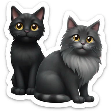 a black little black cat with a nub tail and a grey maincoon sitting together happy sticker
